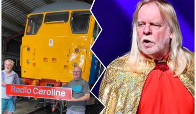 Prog rock legend Rick Wakeman, right,  will unveil the Radio Caroline locomotive at Mangapps, shown with John Jolly from Mangapps and Caroline’s Ray C