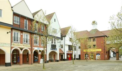 South Woodham Ferrers Town Square with shops and trees in the foreground.