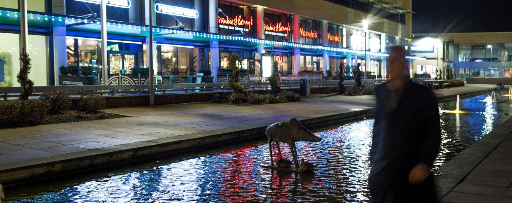 A blurred man walking past a row of illuminated shops in Harlow Town at night. A water feature with a boar sculpture is in the centre.