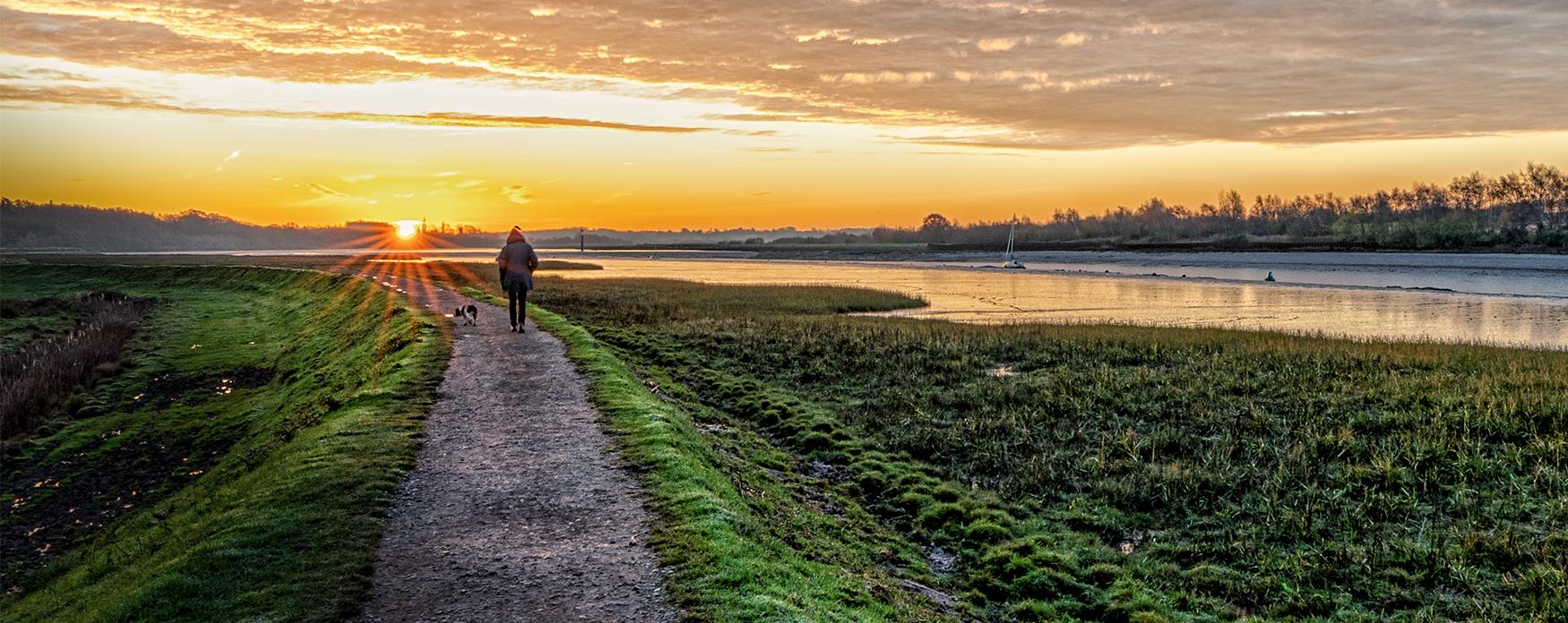 A dog walker at sunrise in Wivenhoe