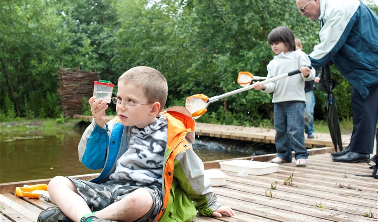 A child sits crossed legged on a wooden platform next to a pond, looking fascinatedly at a small pot with a pond creature inside that he is holding. I