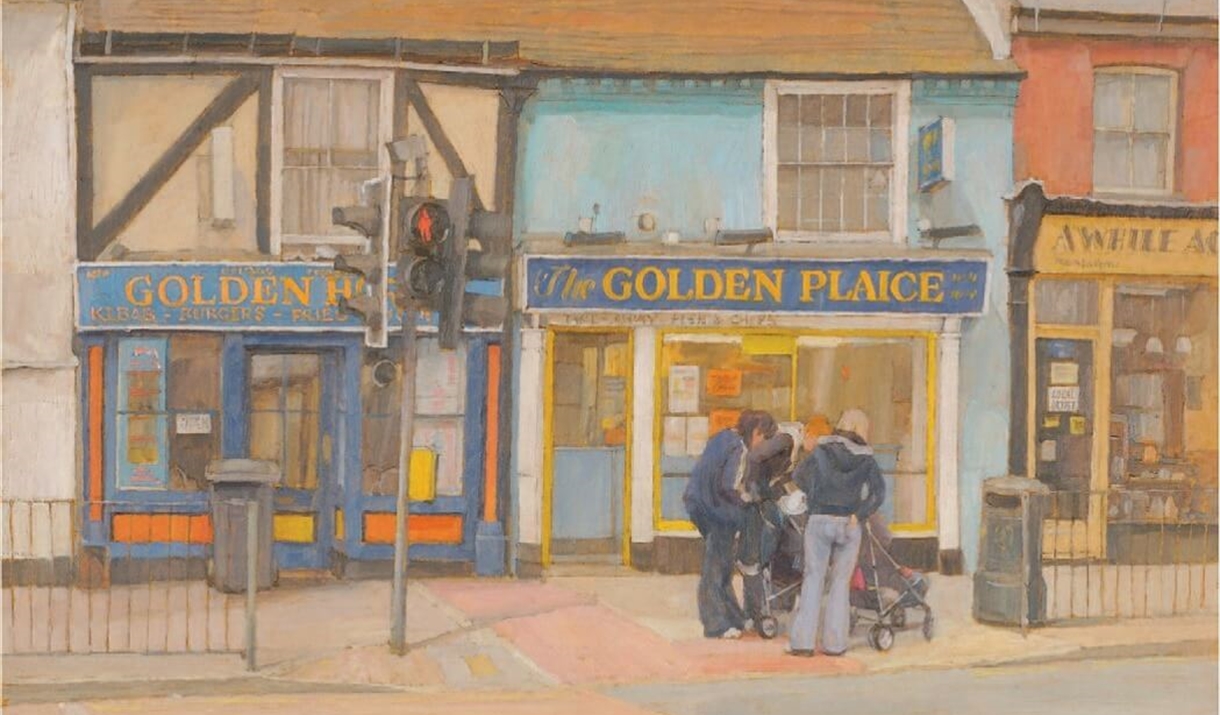 An image of a painting by artist Charles Debenham, a group of people are stood outside of a fish & chip shop on North Station Road Colchester