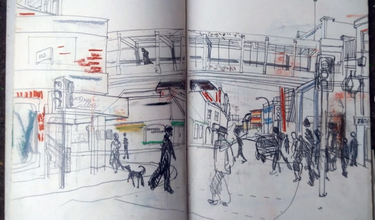 An image of artist Nicola Burrell's sketchbook, a scene of a pedestrian crossing on Queen Street in Colchester