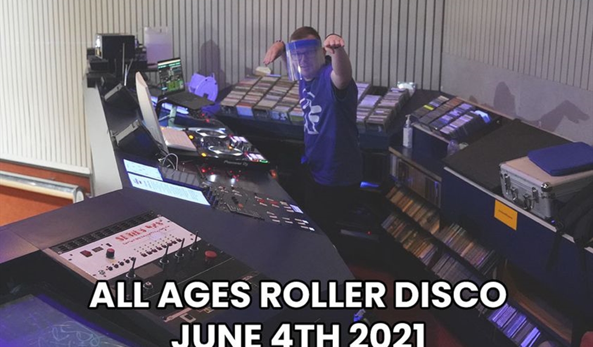 DX's Rollerworld Skate Out of Lock Down, and a photo of a DJ behind decks wearing a protective visor