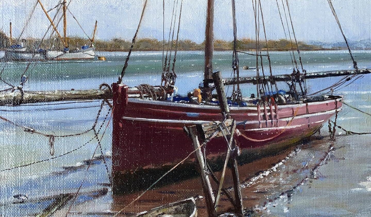 an oil painting of a red sailing boat moored on a river