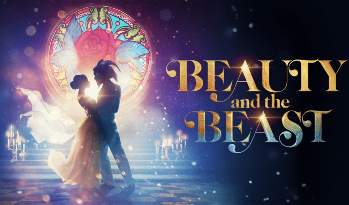 A silhouette of Beauty and the Beast dancing in front of a stained glass window featuring a prominent rose image.