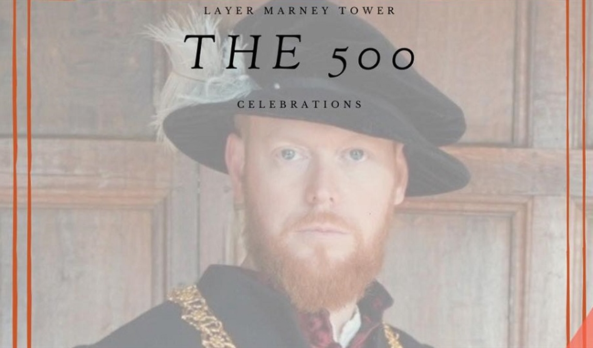 Portrait of a re-enactor who looks like Henry VIII. Text over the top with the name of the event.