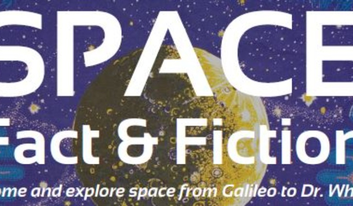 Poster advertising Braintree Museum space fact and fiction event. Blue background with a moonscape and white text