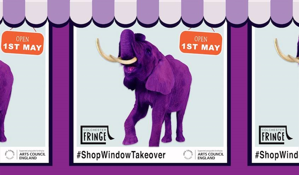 The Colchester Fringe Festival logo - a purple elephant - and he #shopwindowtakeover hashtag