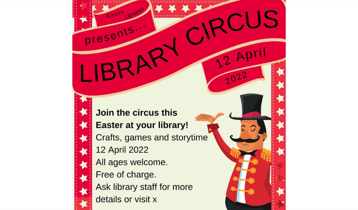Poster advertising Circus Library with a cartoon ringmaster