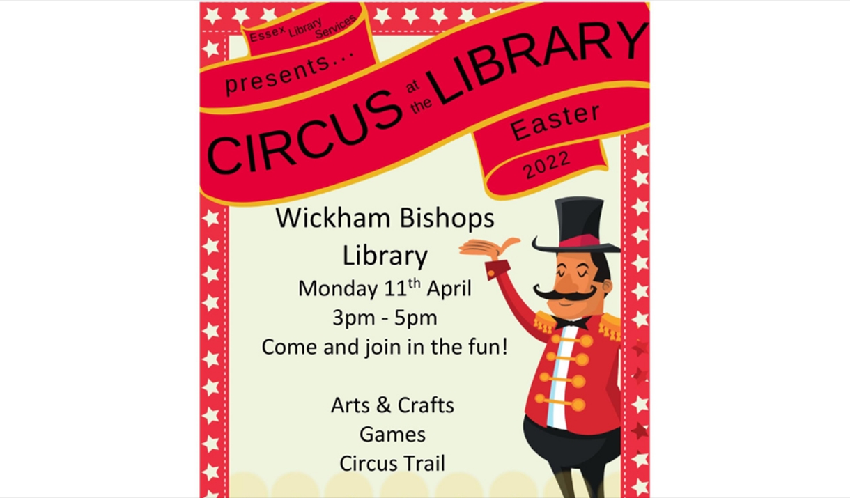 Poster of circus at the library with a cartoon ringmaster