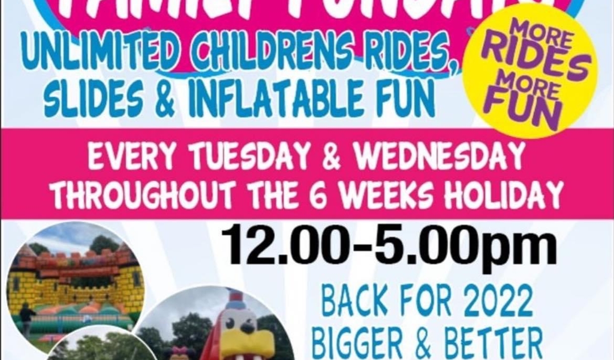 Poster for Ellis Kingdom's family fundays with pictures of bouncy castles
