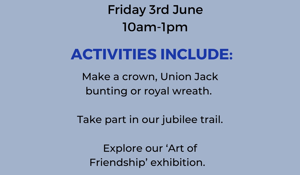 Blue poster for Jubilee events at Braintree District Museum with Union flag bunting along the top