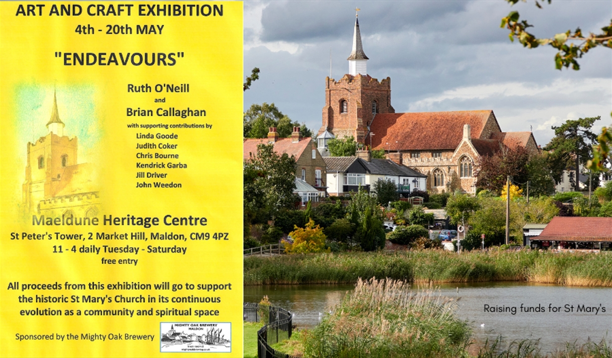 Yellow poster for art exhibition alongside photo of St Mary's church behind the Promenade Park ornamental lake