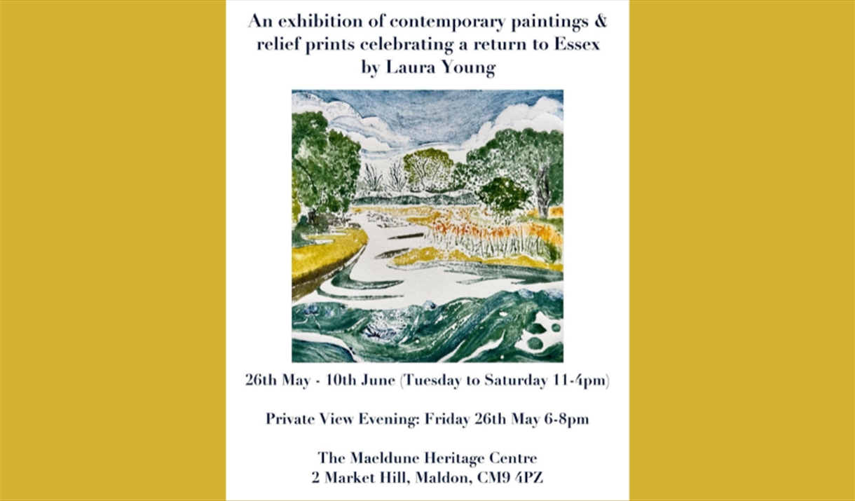 Poster for Laura Young exhibition featuring river scene in greens and yellows