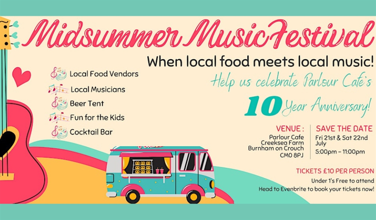 Poster for Midsummer Music Festival with camper van and guitar motif