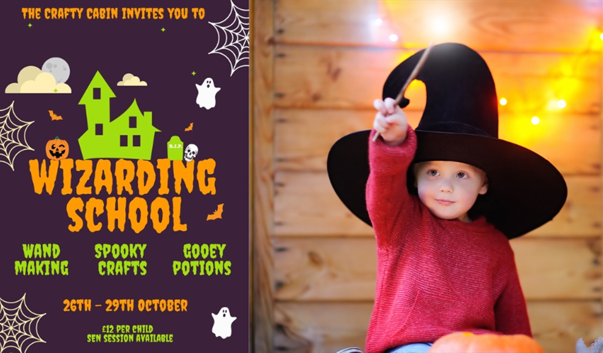 Wizarding School poster with child with magic wand and witches hat on