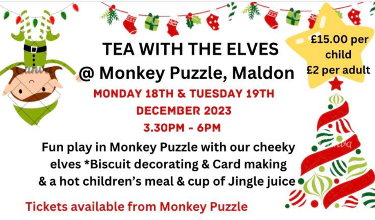 Poster for Tea with the Elves with playful elf hanging upside down from Christmas lights