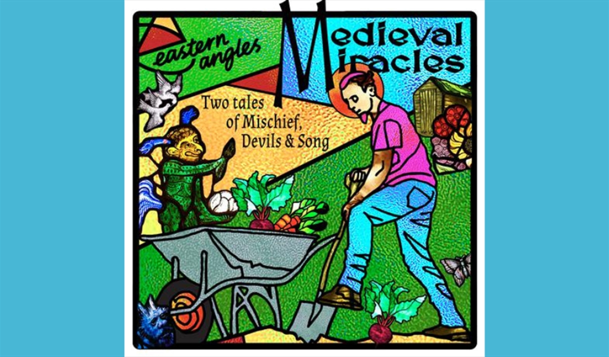 In the style of a stained glass window, man gardening surrounding by devils, with words Medieval Miracles