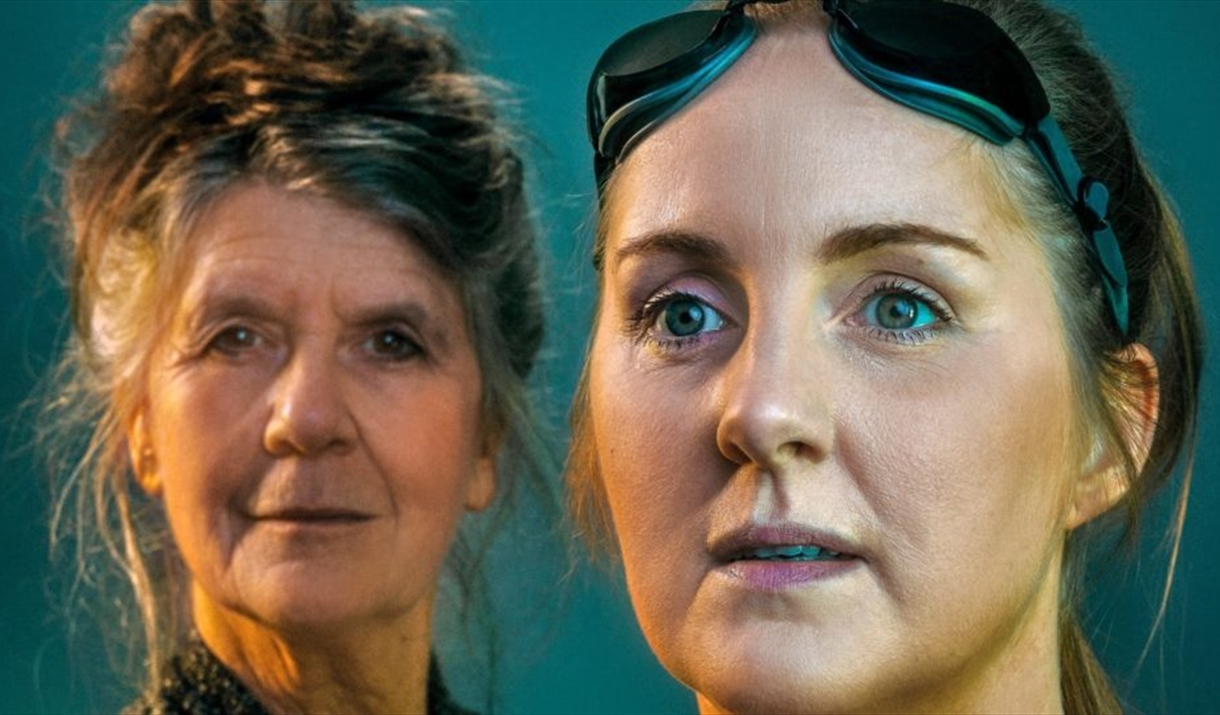 Close ups of two women. One, older, looks at the camera. One, younger, wears swimming goggles.