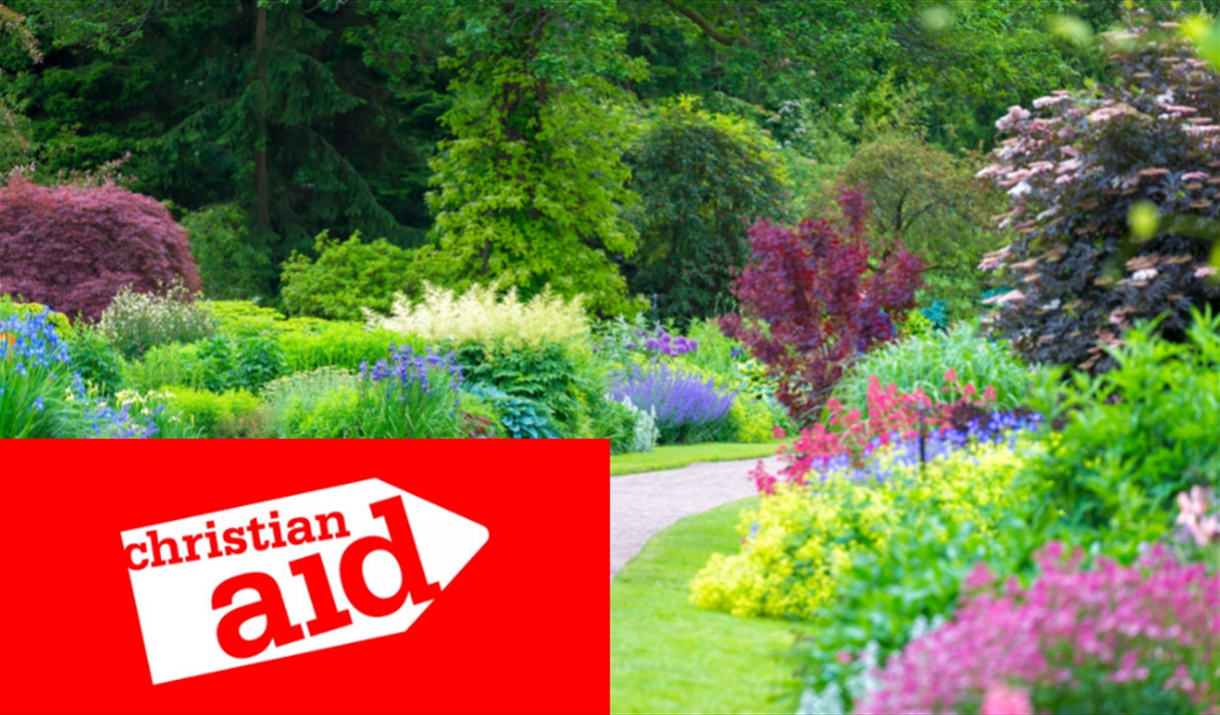 Beautiful garden with Christian Aid logo