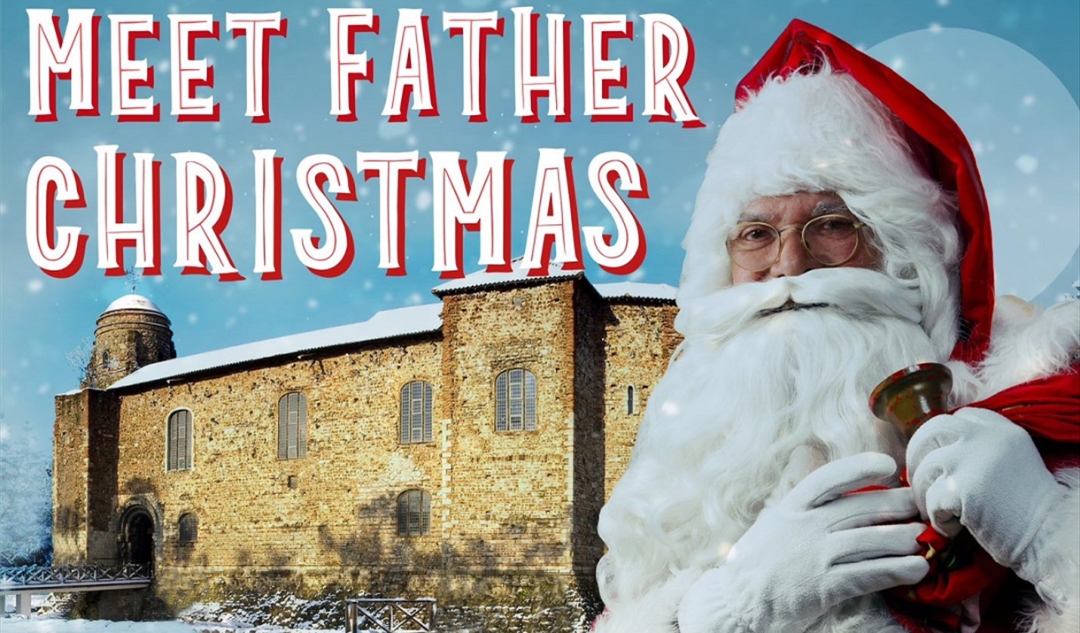 An image of Santa in front of a snow covered Colchester Castle