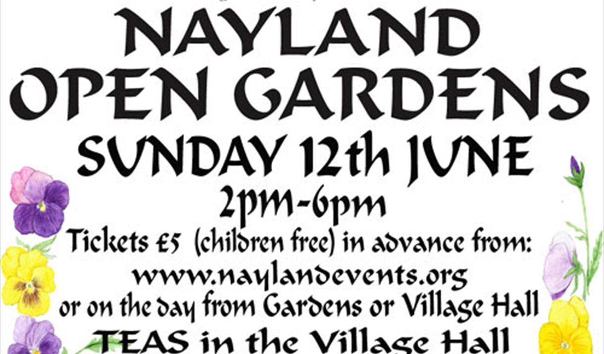 Nayland Open Gardens text with purple and yellow pansies.