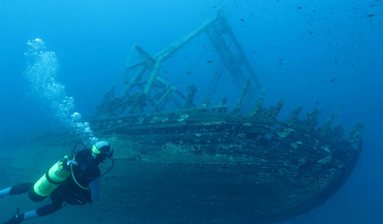 A diver exploring a sunken ship