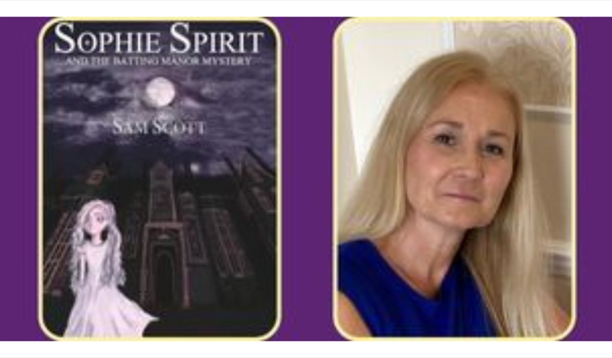 Book Cover of Sophie Spirit and the Battling Manor Mystery and photo of author Sam Scott