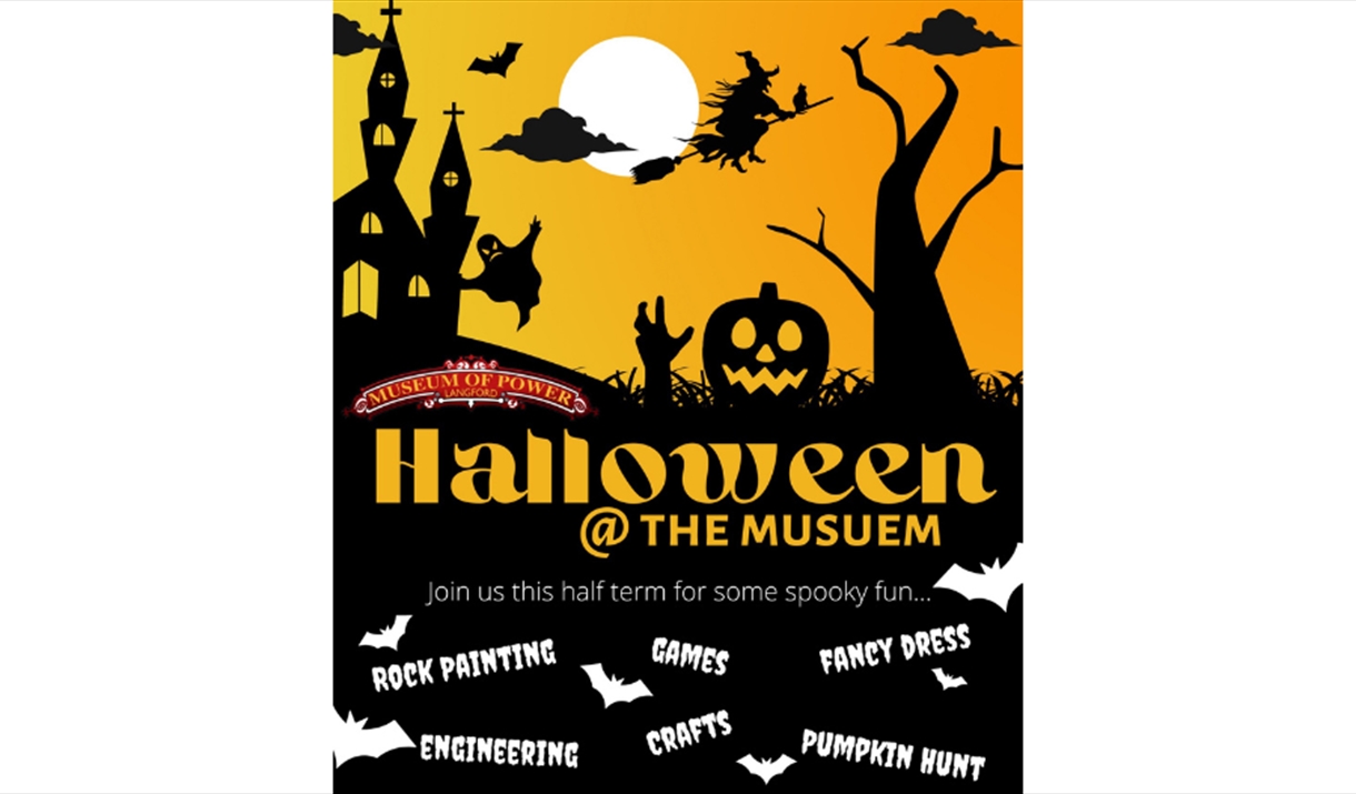Halloween poster with silhouette of house, pumpkin, tree and ghost on orange background