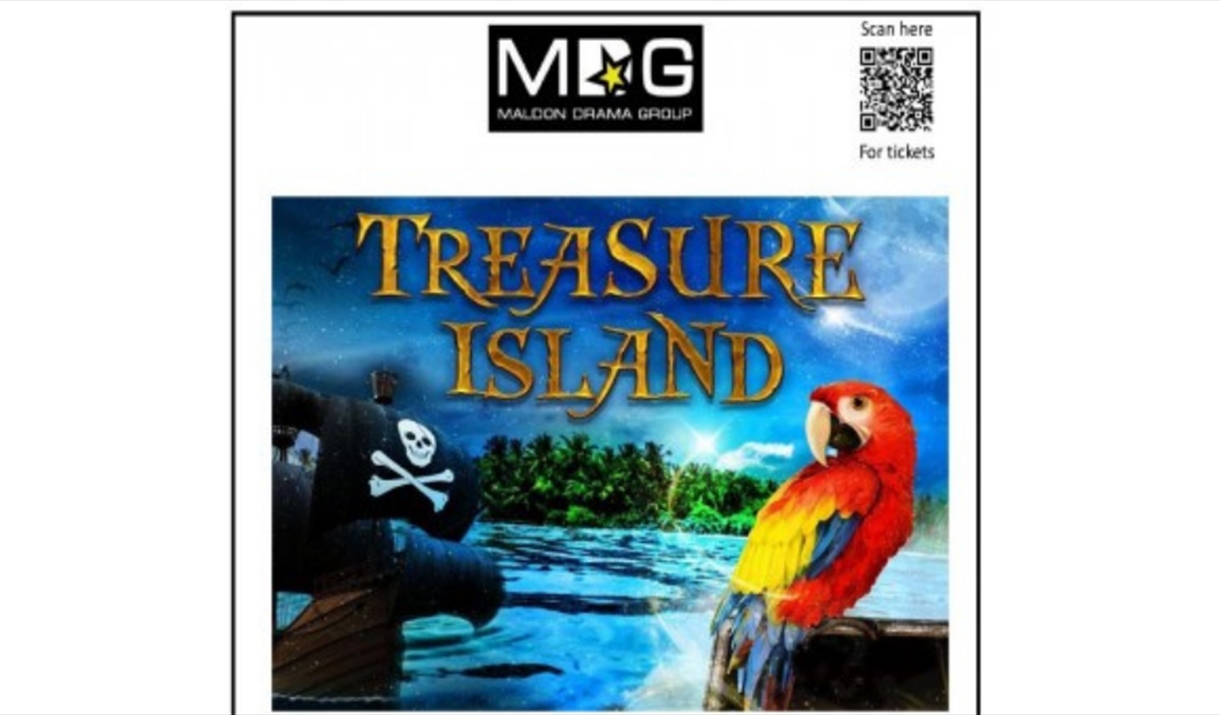 Treasure Island poster with parrot and pirate ship