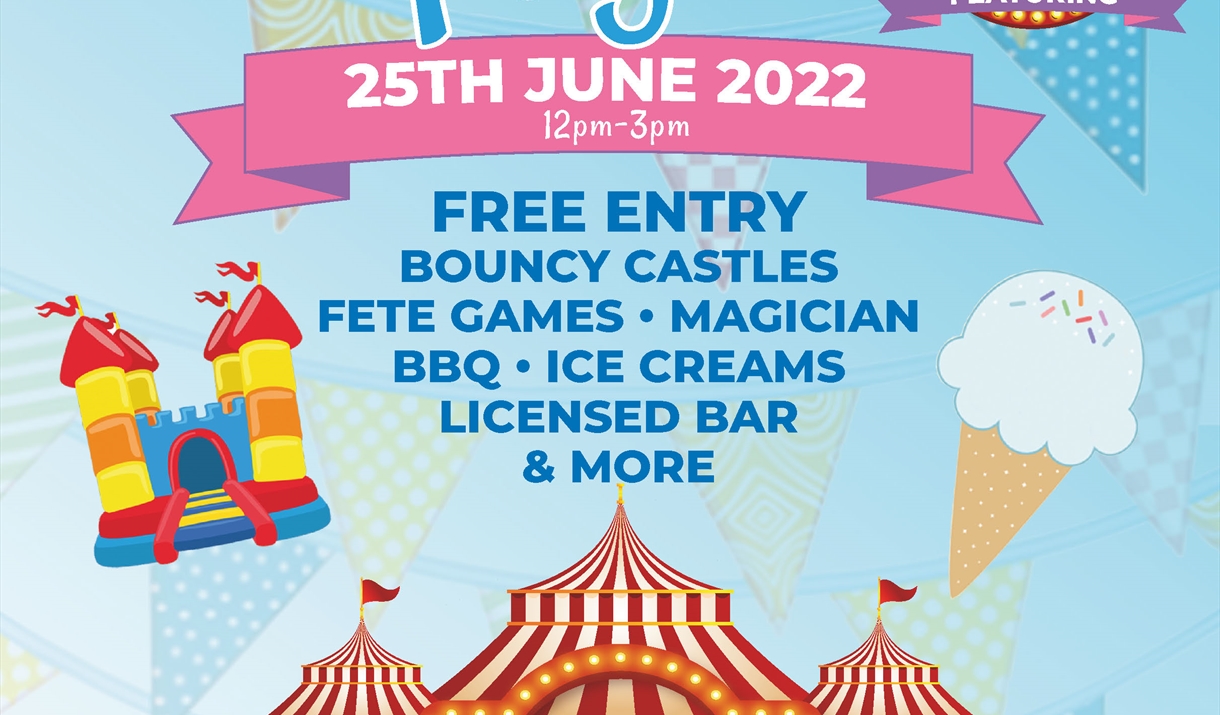 Summer Fayre at Home Farm Primary School, showing bouncing castle, circus big top and icecream