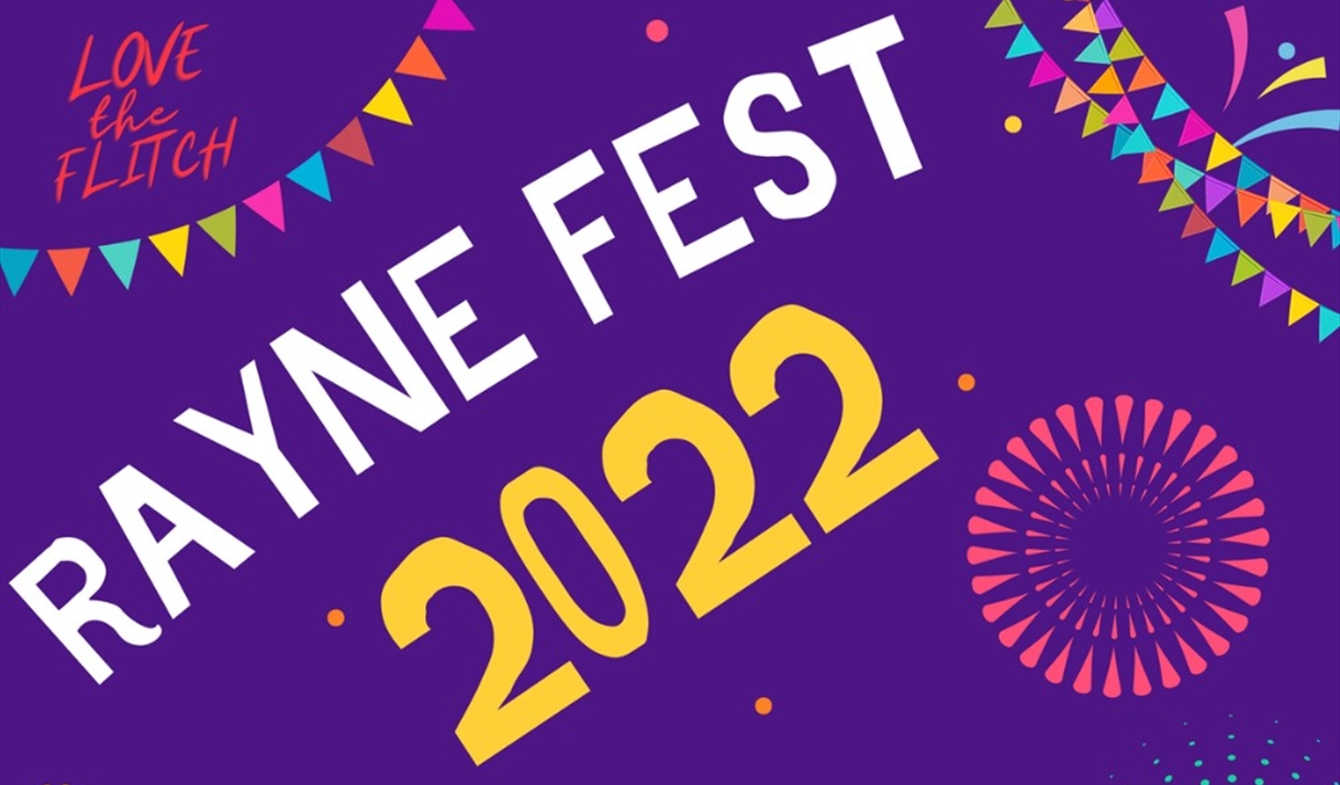 Purple graphic with banner and streamers and fireworks for Rayne Fest 2022