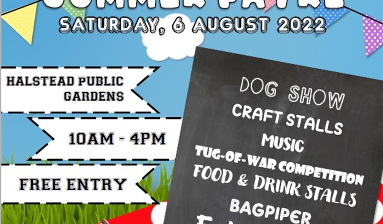Poster for Halstead Summer Fayre with cartoon style picnic, and blackboard listing events