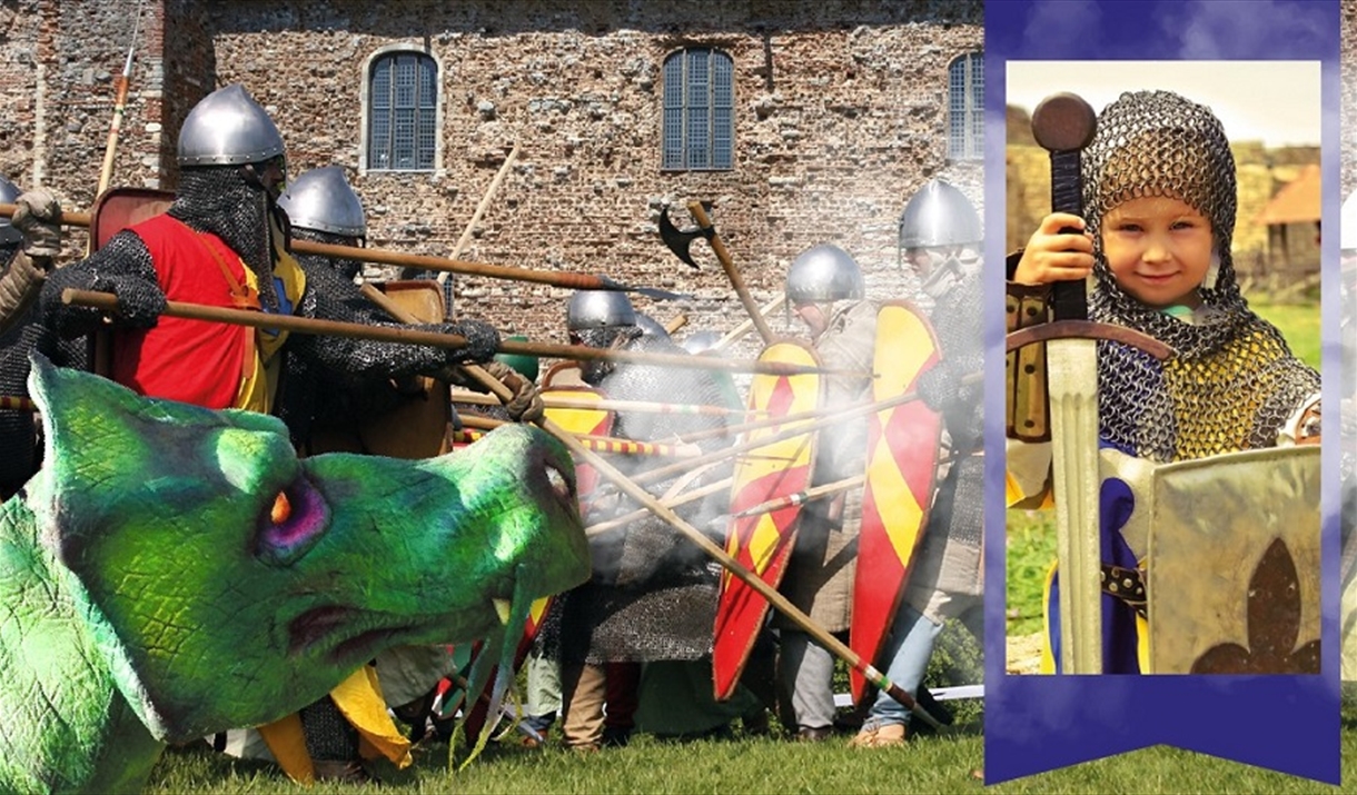 Colchester Castle Under Siege with knights and a dragon.