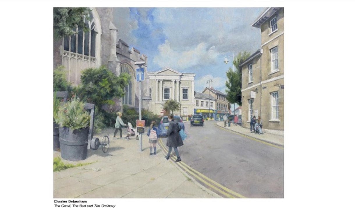 Charles Debenham painting, people walking in the street with a church in the background