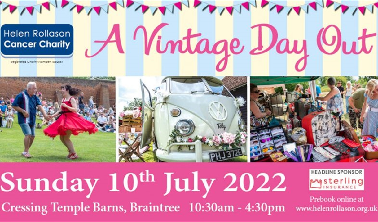 Poster showing a vintage VW, jazz dancing and vintage clothing for sale at Cressing Temple Barns