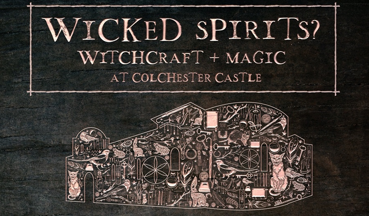 Wicked Spirits? Witchcraft & Magic in Colchester Castle. Graphic of the outline of Colchester Castle filled with symbols connected to witchcraft.