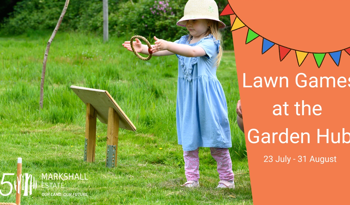 Poster for lawn games at the garden hub showing girl playing with a ring