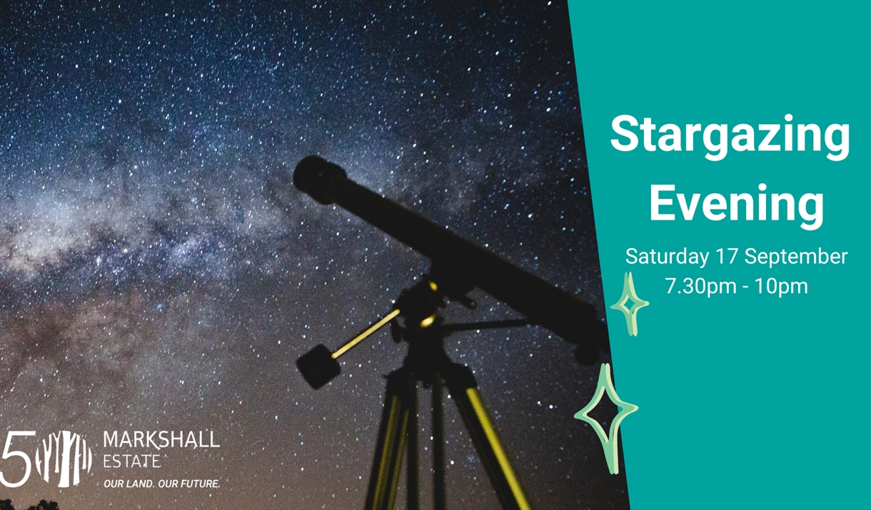 Stargazing poster with telescope in foreground against a star lit sky