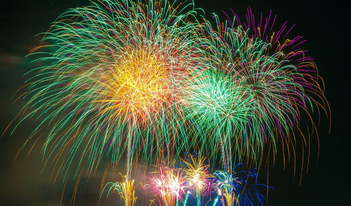 Bright fireworks against a black sky backdrop