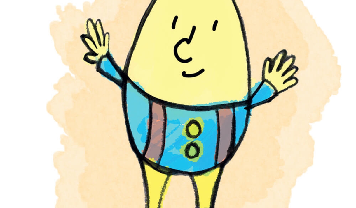 A drawing of Egg shaped Humpty Dumpty wearing striped clothes