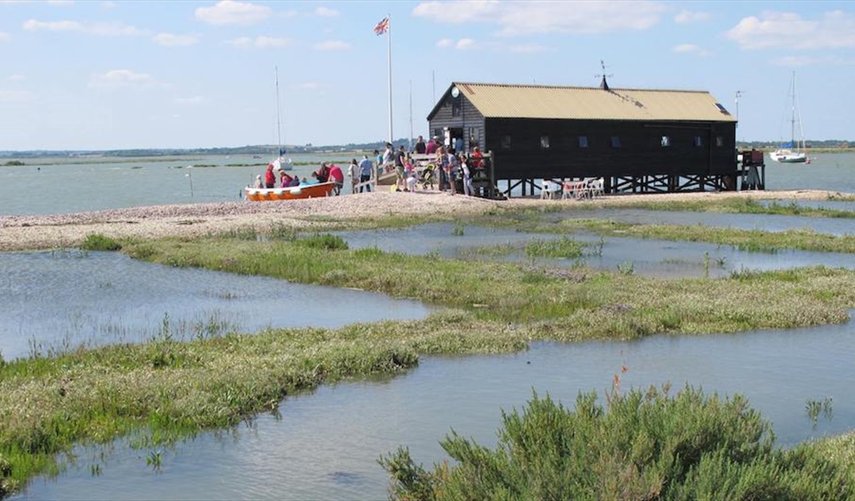 The Packing shed - a brown hut on a small island.