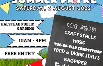 Poster for Halstead Summer Fayre with cartoon style picnic, and blackboard listing events