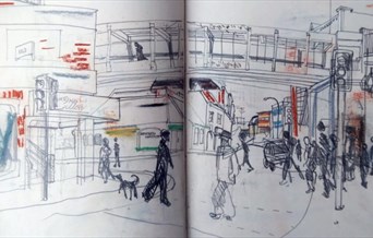 An image of artist Nicola Burrell's sketchbook, a scene of a pedestrian crossing on Queen Street in Colchester