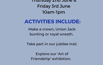 Blue poster for Jubilee events at Braintree District Museum with Union flag bunting along the top