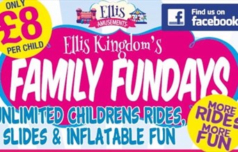 Poster for Ellis Kingdom's family fundays with pictures of bouncy castles