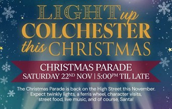 Colchester Christmas Light Switch On 2025 poster, with information on the parade.