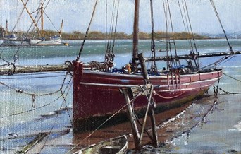 an oil painting of a red sailing boat moored on a river