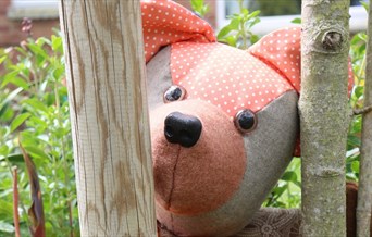 A teddy bear looks through some tree branches